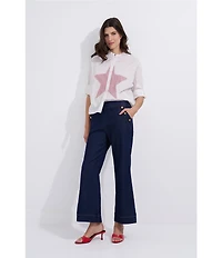M Made in Italy Cotton Stripe Star Stand Collar Long Roll-Tab Sleeve High-Low Button Front Shirt
