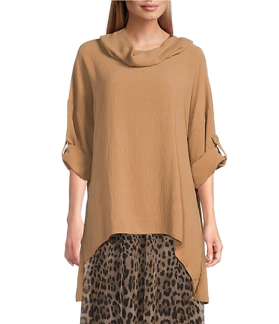 M Made in Italy Cowl Neck 3/4 Sleeve High-Low Oversized Tunic