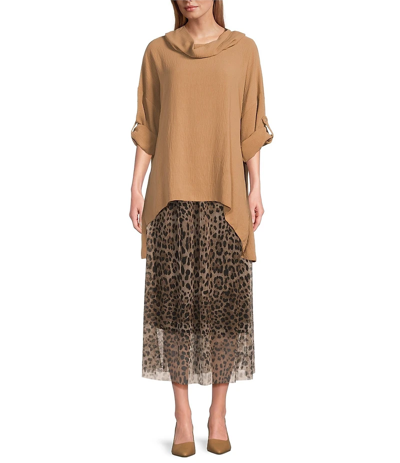 M Made in Italy Cowl Neck 3/4 Sleeve High-Low Oversized Tunic