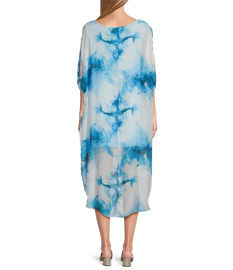 M Made in Italy Crew Neck Elbow Sleeve Tie Dye Silky High Low Midi Dress