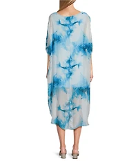 M Made in Italy Crew Neck Elbow Sleeve Tie Dye Silky High Low Midi Dress