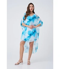 M Made in Italy Crew Neck Elbow Sleeve Tie Dye Silky High Low Midi Dress