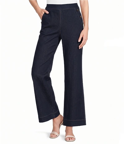 M Made in Italy Denim Decorative Sailor Button Flat Front Pull-On Pants