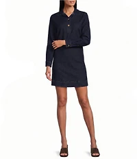 M Made in Italy Denim Point Collar Long Sleeve Shift Dress
