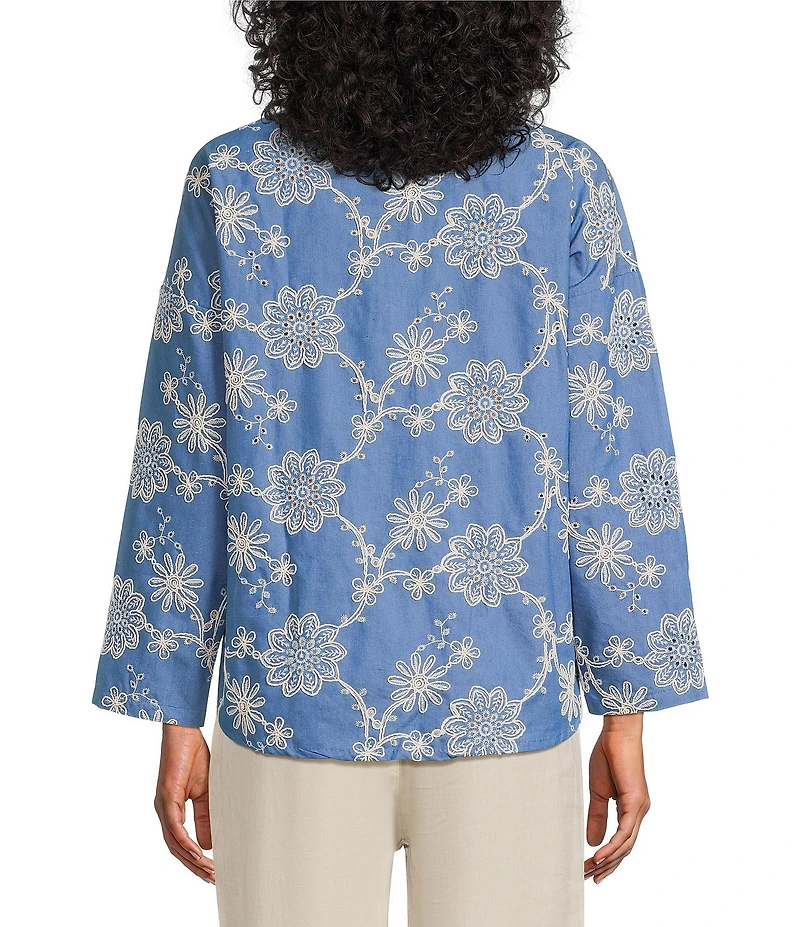 M Made In Italy Embroidered Point Collar Long Sleeve High-Low Button Front Shirt