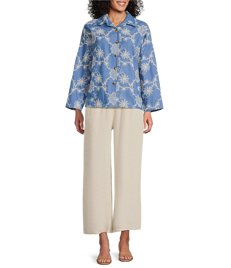 M Made In Italy Embroidered Point Collar Long Sleeve High-Low Button Front Shirt