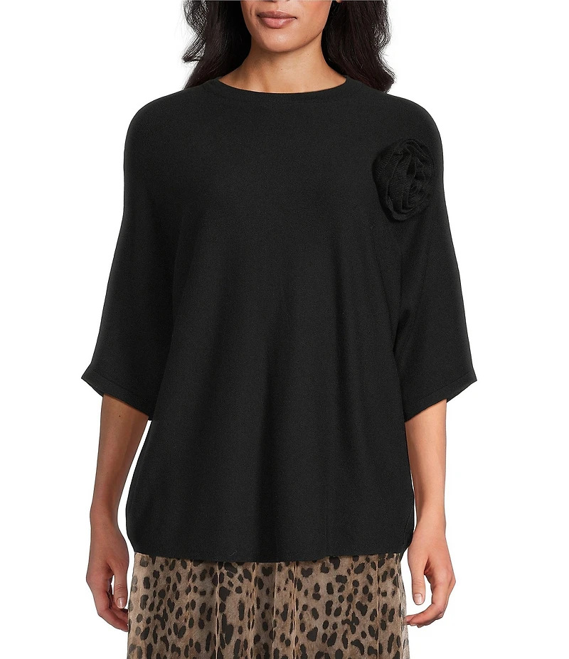 M Made in Italy Fine Knit Short Sleeve Floral Applique Top