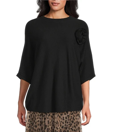 M Made in Italy Fine Knit Short Sleeve Floral Applique Top