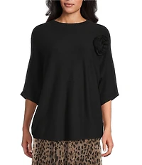 M Made in Italy Fine Knit Short Sleeve Floral Applique Top