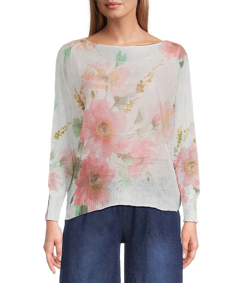 M Made in Italy Floral Knit Boat Neck Long Bat Sleeve Top