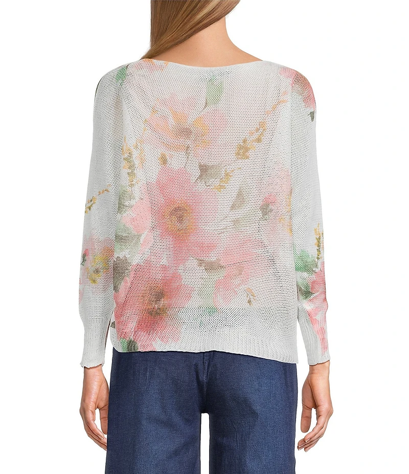 M Made in Italy Floral Knit Boat Neck Long Bat Sleeve Top