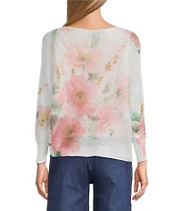 M Made in Italy Floral Knit Boat Neck Long Bat Sleeve Top