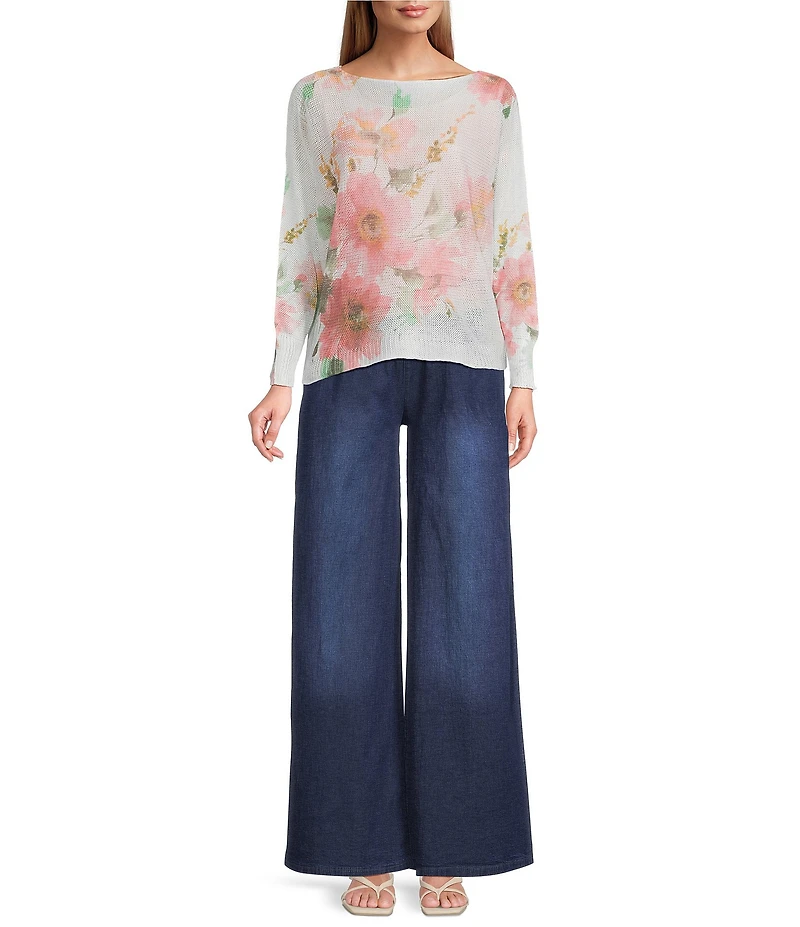 M Made in Italy Floral Knit Boat Neck Long Bat Sleeve Top