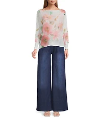 M Made in Italy Floral Knit Boat Neck Long Bat Sleeve Top