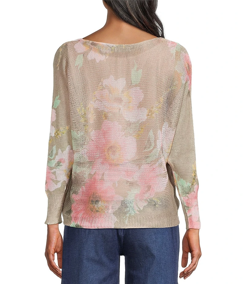 M Made in Italy Floral Knit Boat Neck Long Bat Sleeve Top