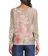 M Made in Italy Floral Knit Boat Neck Long Bat Sleeve Top