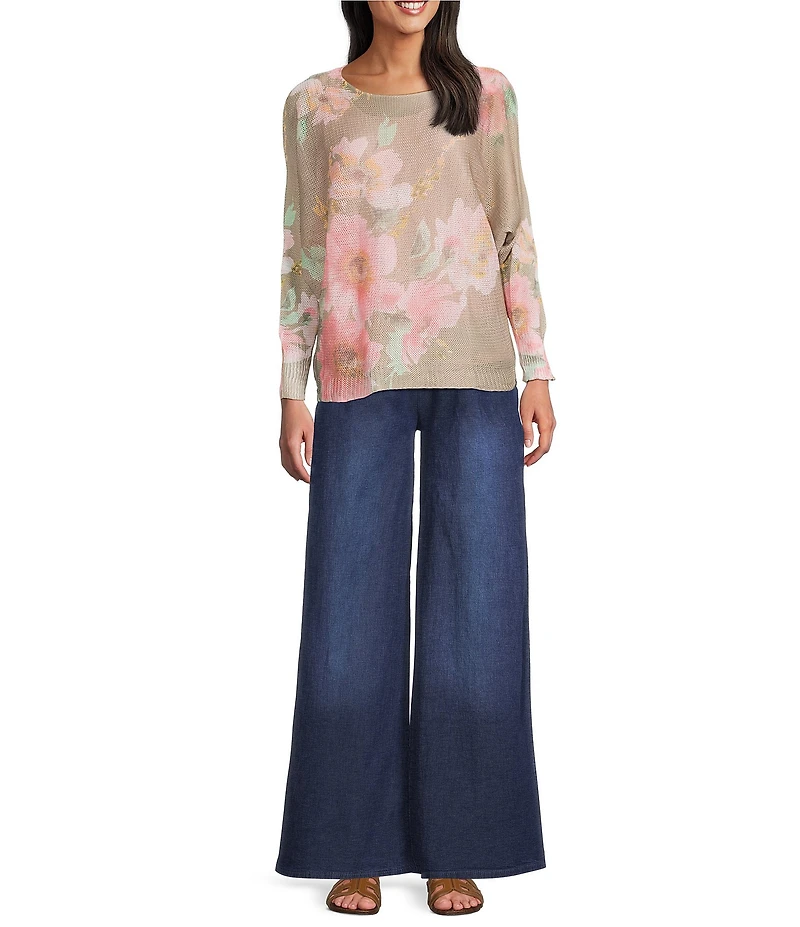 M Made in Italy Floral Knit Boat Neck Long Bat Sleeve Top