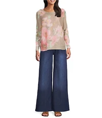 M Made in Italy Floral Knit Boat Neck Long Bat Sleeve Top