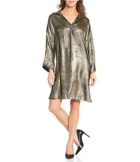 M Made in Italy Foiled Point Collar Long Sleeve Shift Dress