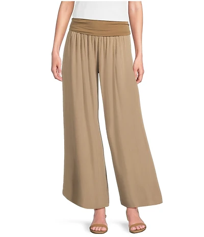 M Made in Italy Fold-Over Waistband Wide Leg Pull On Pants
