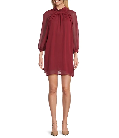 M Made in Italy Georgette Mock Neck 3/4 Puff Sleeve Knee Length Dress