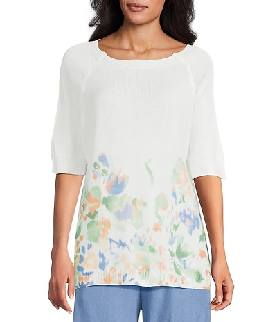 M Made In Italy Knit Border Print Crew Neck Raglan Elbow Length Sleeve Top