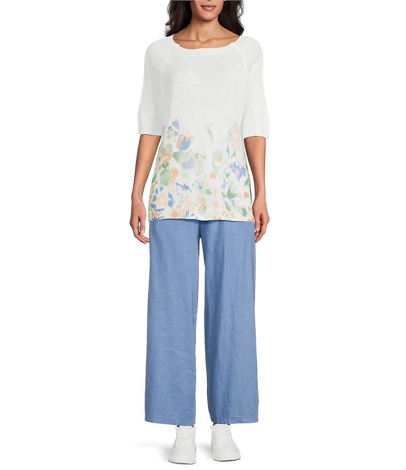 M Made In Italy Knit Border Print Crew Neck Raglan Elbow Length Sleeve Top