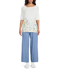 M Made In Italy Knit Border Print Crew Neck Raglan Elbow Length Sleeve Top