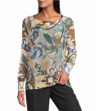M Made in Italy Knit Floral Print Boat Neck Long Sleeves Pullover Sweater Top