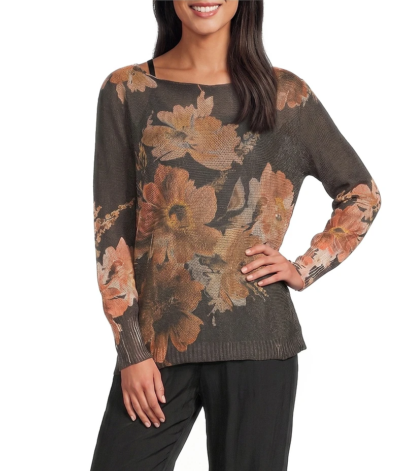M Made in Italy Knit Floral Print Boat Neck Long Sleeves Pullover Sweater Top