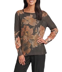 M Made in Italy Knit Floral Print Boat Neck Long Sleeves Pullover Sweater Top