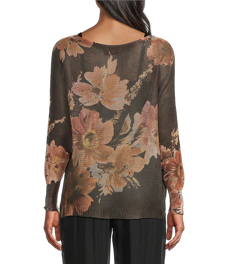 M Made in Italy Knit Floral Print Boat Neck Long Sleeves Pullover Sweater Top