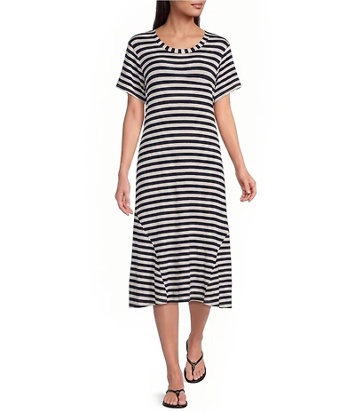 M Made in Italy Knit Jersey Stripe Scoop Neck Short Sleeve A-Line Midi Dress