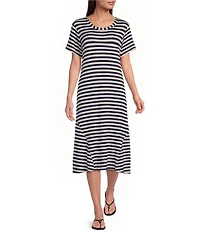 M Made in Italy Knit Jersey Stripe Scoop Neck Short Sleeve A-Line Midi Dress