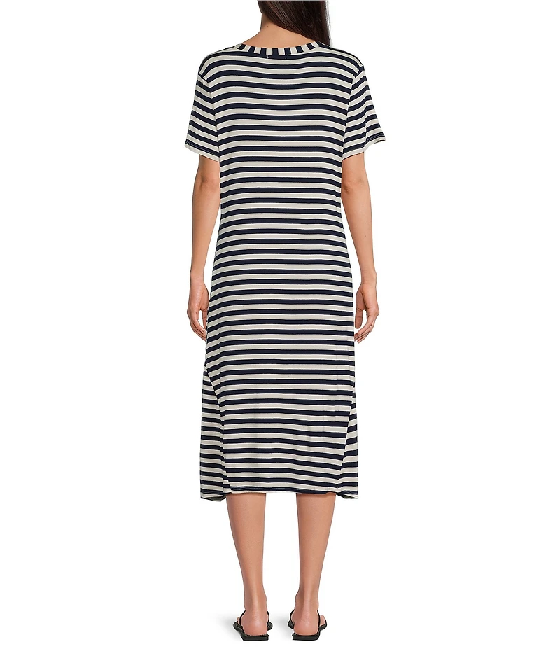 M Made in Italy Knit Jersey Stripe Scoop Neck Short Sleeve A-Line Midi Dress