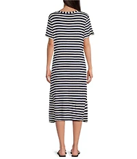 M Made in Italy Knit Jersey Stripe Scoop Neck Short Sleeve A-Line Midi Dress