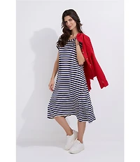 M Made in Italy Knit Jersey Stripe Scoop Neck Short Sleeve A-Line Midi Dress