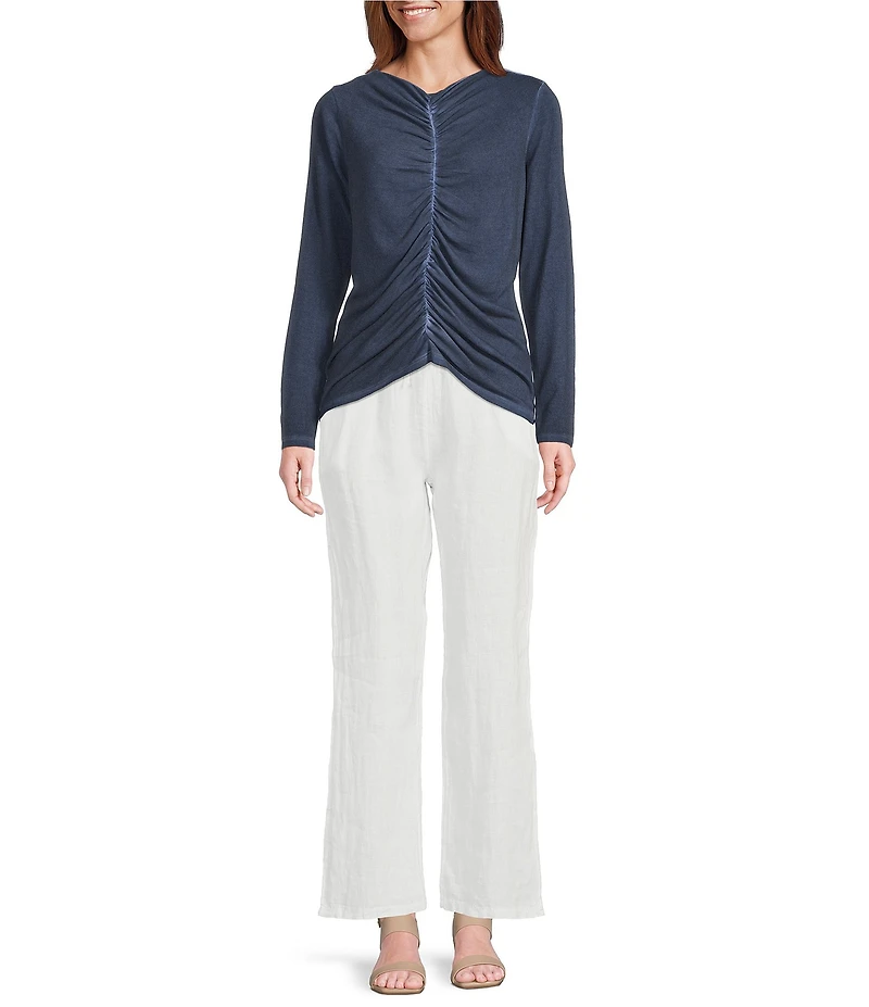 M Made in Italy Knit Ruched Front V-Neck Long Sleeve Hi-Low Top