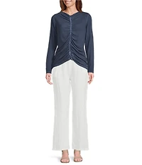 M Made in Italy Knit Ruched Front V-Neck Long Sleeve Hi-Low Top
