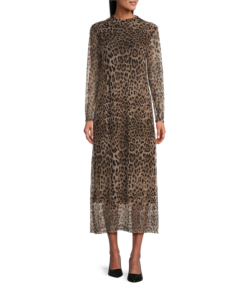 M Made in Italy Leopard Mesh Mock Neck Long Sleeve A-Line Maxi Dress