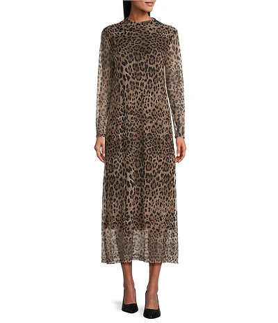 M Made in Italy Leopard Mesh Mock Neck Long Sleeve A-Line Maxi Dress
