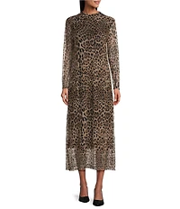 M Made in Italy Leopard Mesh Mock Neck Long Sleeve A-Line Maxi Dress