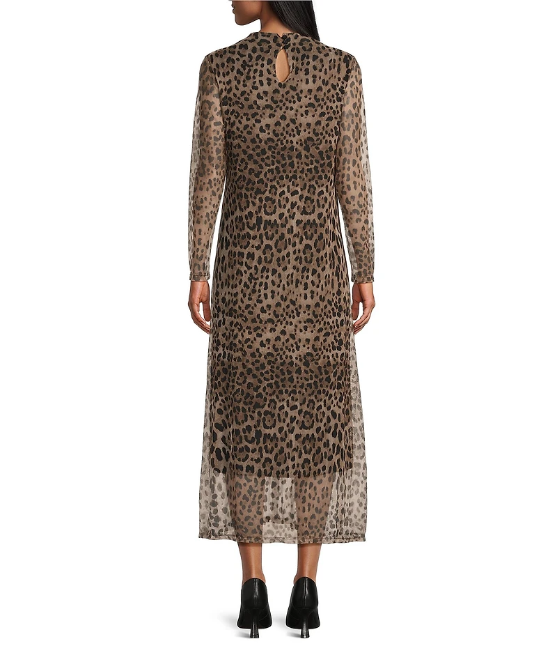 M Made in Italy Leopard Mesh Mock Neck Long Sleeve A-Line Maxi Dress