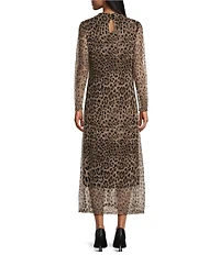 M Made in Italy Leopard Mesh Mock Neck Long Sleeve A-Line Maxi Dress