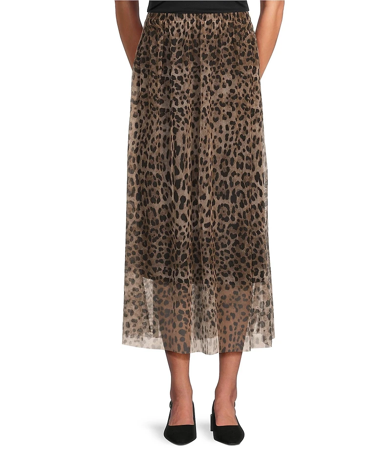 M Made in Italy Leopard Mesh Pull On A-Line Midi Skirt