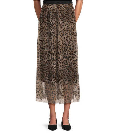 M Made in Italy Leopard Mesh Pull On A-Line Midi Skirt