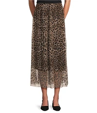 M Made in Italy Leopard Mesh Pull On A-Line Midi Skirt