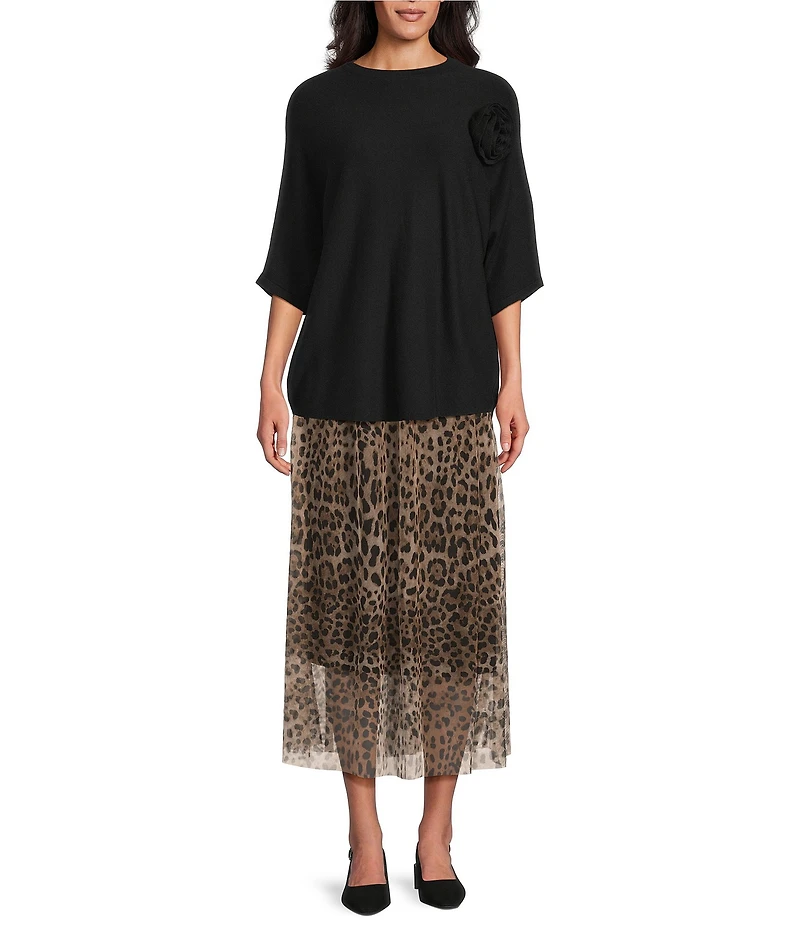 M Made in Italy Leopard Mesh Pull On A-Line Midi Skirt