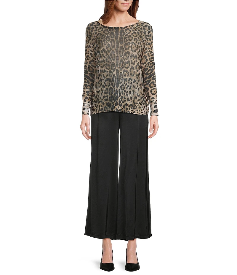 M Made in Italy Leopard Print Boat Neck Long Sleeve Knit Top