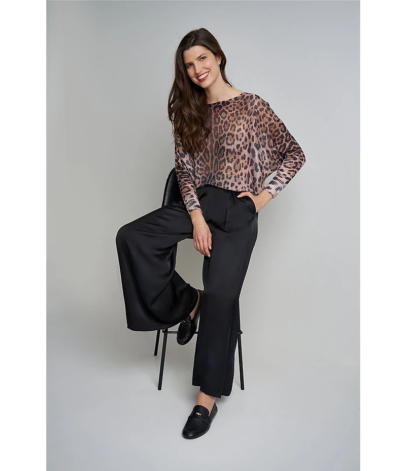 M Made in Italy Leopard Print Boat Neck Long Sleeve Knit Top